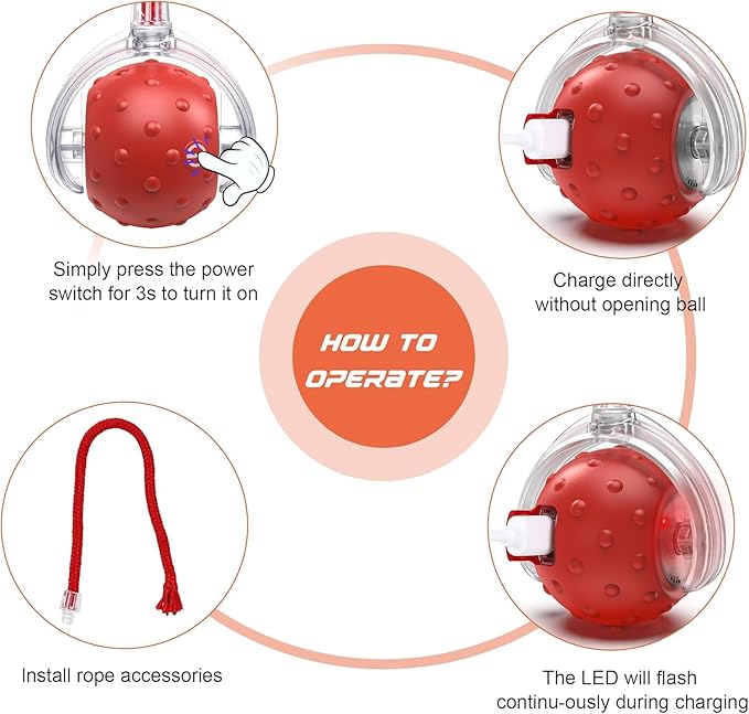 Interactive Cat Ball Toy with 3 Working Modes, Automatic 5-Minute Timer, Stimulate cat Hunting Instincts, Wand Teaser for Cats, Rechargeable, Suitable for All Floor (Red)