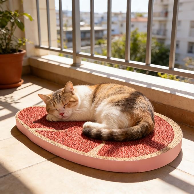 Steak Shape Cat Scratch Board Non-Slip Cat Lounge Bed Textured Scratching Pad Furniture Protection for Home Bedroom Apartment Dorm Office Indoor Use (Color-Red)