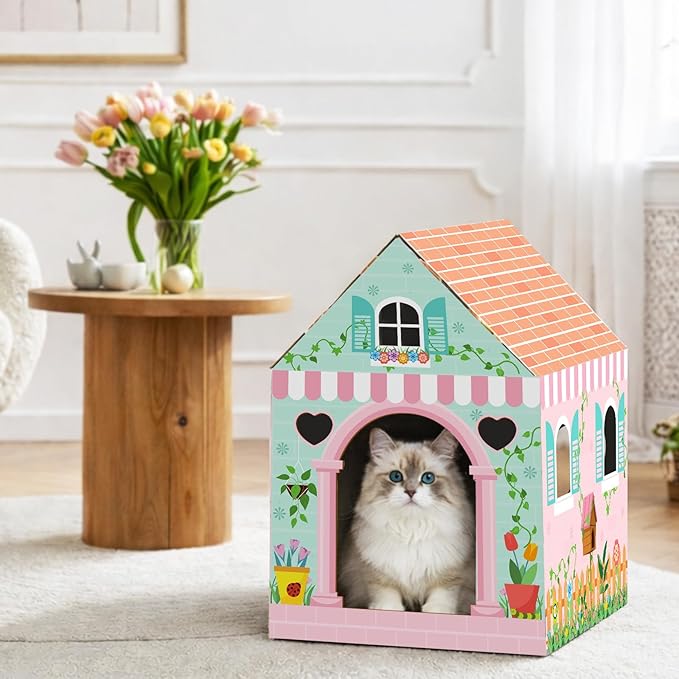 Cinrobiye Cardboard Cat House with Scratcher Spring Pet Board Bed Cave Playhouse Hideaway Hideout Condo Decor Small Animals Scratch Box for Indoor Cats Kittens Rabbits Bunny