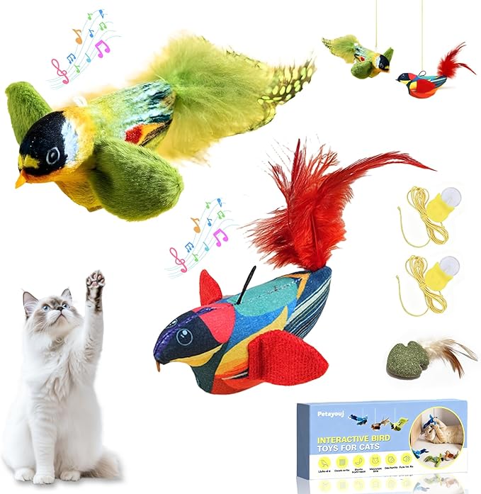 2-Pack Realistic Chirping Bird cat Toy - Soft Interactive Plush Bird Toy Infused with Catnip，Cat Enrichment Toys for Indoor Cats(Physical Sound, RedGreen)