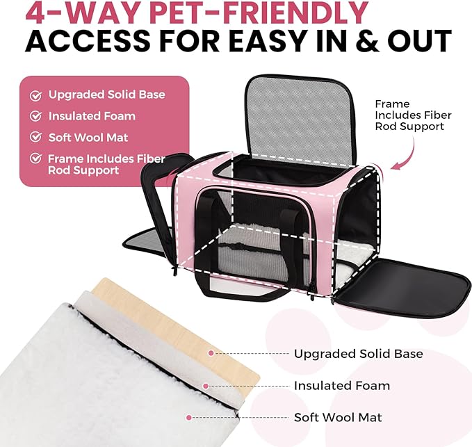 Soft-Sided Cat Carrier Expandable Pet Carrier Airline Approved Mesh Travel Carrier Up to 15lbs for Cats Small Dogs Collapsible Escape-Proof with Shoulder Strap (18x11x11 Pink)
