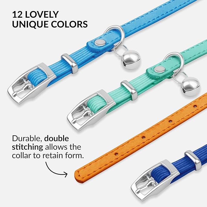 CollarDirect Leather Cat Collar with Removable Bell – Safety Elastic Strap (Breakaway Alternative) – Kitten Collar for Small & Big Boy & Girl Cats