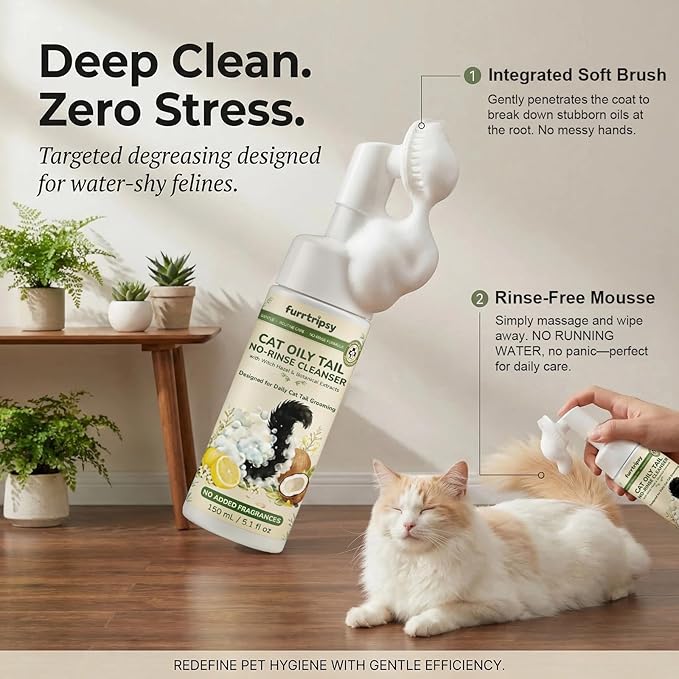 Cat Oily Tail Cleanser-Gentle 2-in-1 Wash Brush-Reduces Oil& Grease-PH Balanced No-Rinse Mousse-Witch Hazel and Sophora Extracts 5.1 fl oz