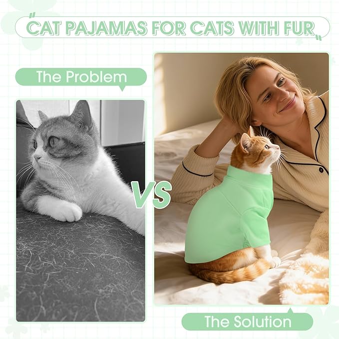 Sphynx Hairless Cat Clothes, Soft Cotton Pullover Turtleneck Shirt with Sleeves for Kitten Puppy Small Dogs, Cat Pajamas for All-Season - Green M