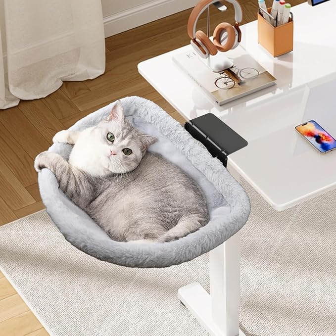 Stable Cat Desk Bed with Heavy-Duty Clamp | Sunken Hammock Design & Faux Rabbit Fur for Comfort, Removable & Washable Bed, Holds Up to 40lbs, Space Saving Cat Perch for Home Office