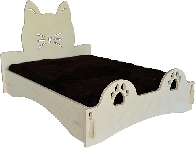 FURniture Adorable Wood Cat Bed Frame with Cat Face & Whiskers & Paw Cut Outs