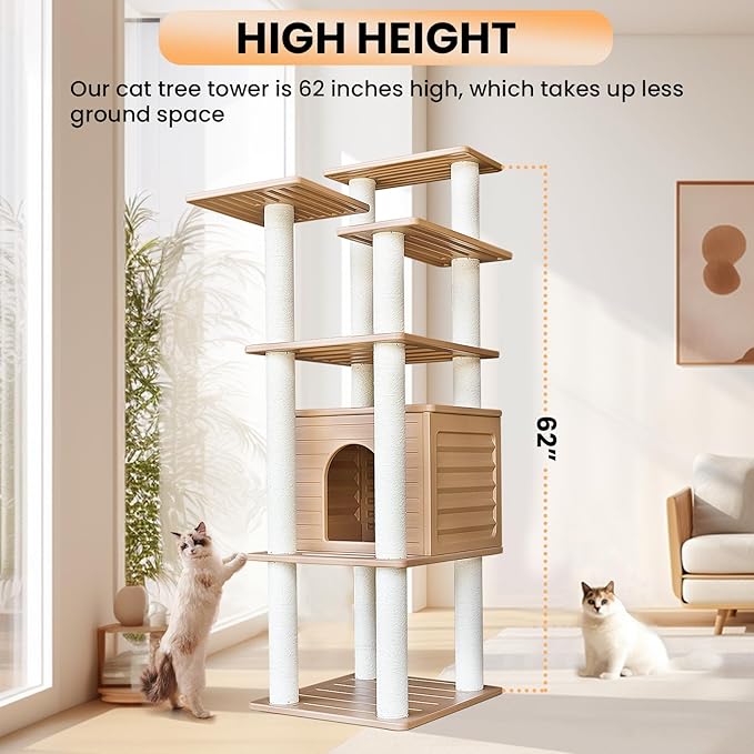 62” Tall Cat Tree for Outdoor and Indoor Cats, Weatherproof Large Outdoor Cat Condo with Scratching Posts