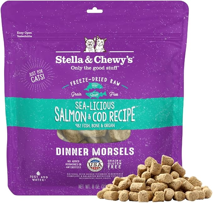 Stella & Chewy's Freeze-Dried Raw Cat Dinner Morsels - Premium Salmon & Cod Recipe with 98% Wild-Caught Fish & Organs - Natural Grain-Free Cat & Kitten Food - Made in USA - 8 oz
