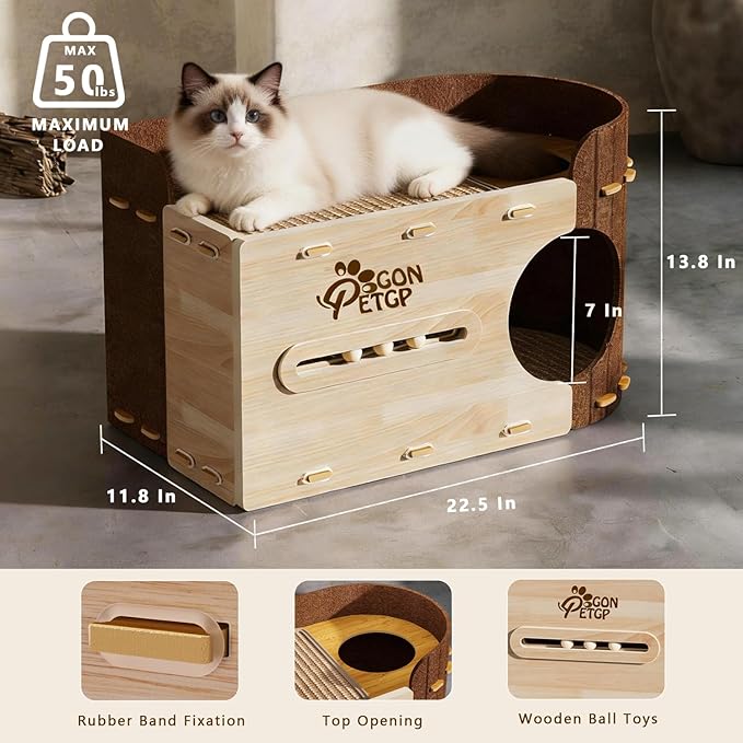 GONPETGP Large Cat Beds for Indoor Cats, Extra Wide Cat House Cave with Scratch Pad Wooden Play Ball, Foldable Felt Kittens Hideaway Condo for Multiple Small Pets