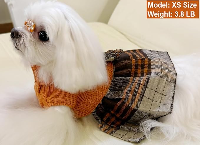 Lanyarco Orange Knitted Dog Sweater Dress, Plaid Fall Thanksgiving Dog Doggy Clothes for Small Dogs Girl, Maltese Cat Apparel Dresses, X-Small (XS)