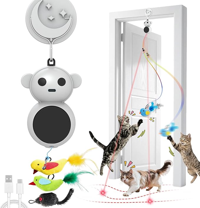 Interactive Cat Toys for Indoor Cats: 2 in 1 Laser Pointer Cat Toy with Automatic Flying Bird & Mouse Wand, Smart Motion Mode Adjustable Speed, USB Rechargeable Safe for Bored Kittens and Adult Cats