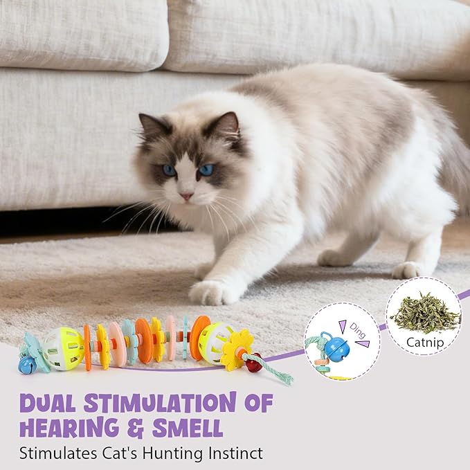 2 Pack Cat Toys with Catnip Bell Sound, Durable Interactive Cat Chew & Kicker Toys for Indoor Kittens & Cats Exercise, Safe Kitten Teething Toys for All Breeds Self Play, 7.8 Inchs, Colorful