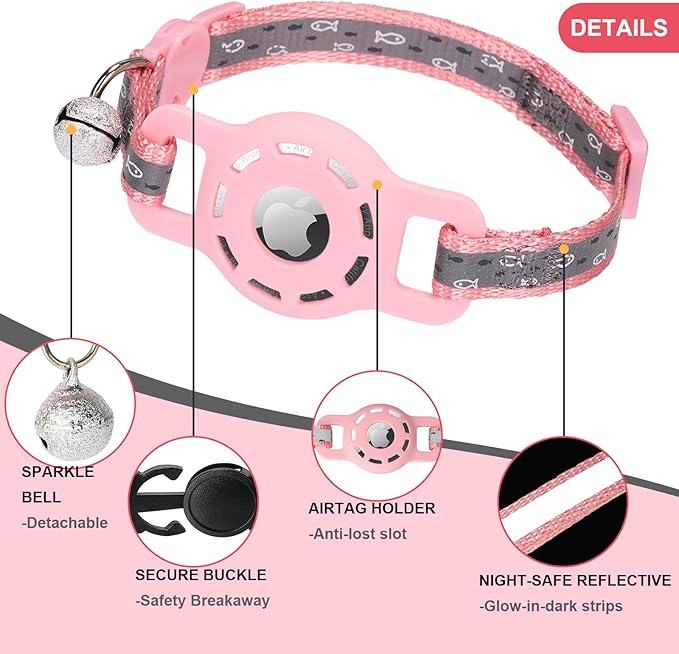 Reflective Cat Collar with Airtag Holder Breakaway Safety Airtag Kitten Collars with Bell for Female Girl Cats,Pink