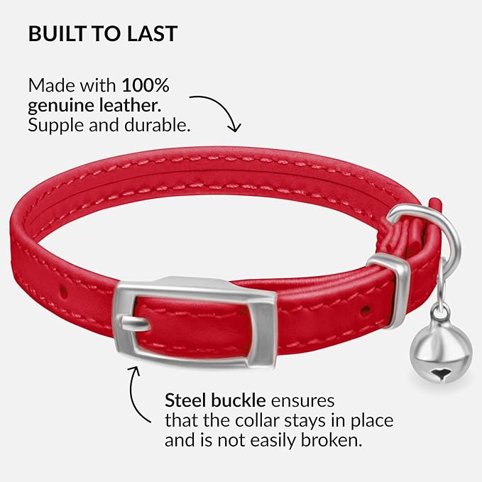 CollarDirect Leather Cat Collar with Removable Bell – Safety Elastic Strap (Breakaway Alternative) – Kitten Collar for Small & Big Boy & Girl Cats