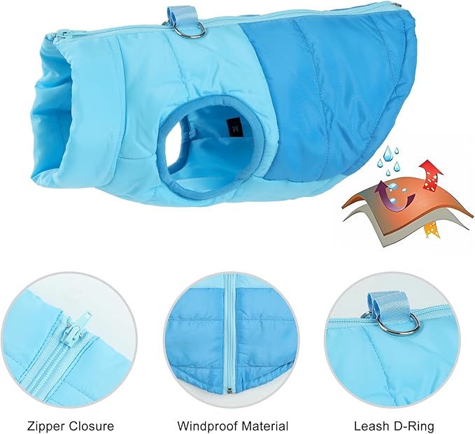 Winter Dog Coat with Leash Ring, Warm Jackets Puppy Cold Weather Coats Pet Clothes Cat Outfits for Small Dogs (Blue+Dark Blue, Medium)