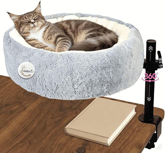 19" Extra Large Cat Desk Bed,One-Button Easy Lift & Rotate,Extra Thick Cushion,Reversible Two-Tone,Super Soft Plush Faux Fur Pet Bed,Machine Washable Bed,desk bed for large cats(Light Grey Duo)