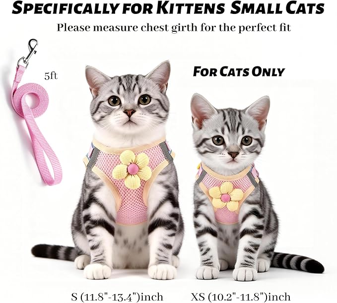 Cat Harness and Leash Set Escape Proof, Step in Mesh Cat Vest Harness with Cute Flower, Reflective Adjustable Kitten Harness and Leash Set for Walking (Pink, S)