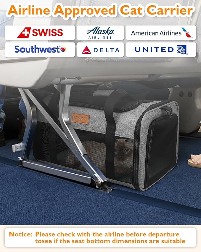 PETUX Airline Approved Pet Carrier - 17x11x9.5 in, Underseat, Top & Side Entry, Soft Sided Cat Carrier for Small Cat Up to 12 lbs with Breathable Anti-Scratch Mesh for Travel & Vet - Grey