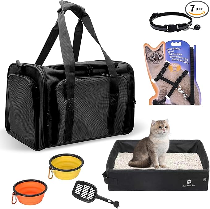 Cat Carrier with Litter Box, Cat Travel Carrier Soft Sided & Foldable Travel Litter Box for Cats, Fit for Cats or Kittens Up to 20 lbs, 17'*11.8'*11.8' inch Pet Carrier Bag, Camping & Traveling Black