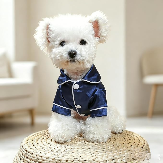 Cat Puppy Costume Elegant Satin Pajamas with Bow Headband 2PCs Set Pet Sleepwear Cute Pet Outfit Cosplay Partywear Photoshoots (Blue Set,Small)