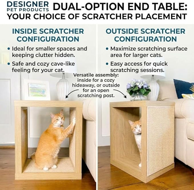 Designer Pet Products 2-in-1 Cat Scratcher End Table – Modern Wood Side Table with Customizable Sisal Scratching Pad – Versatile Furniture for Cats and Home Decor