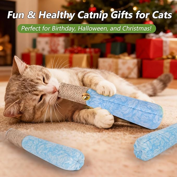3 Pack Catnip Toys for Cats, Funny Kicker Cat Toys with Dental Rope & Jingle Bell, 100% Organic Catnip Catnip Toys, Bite-Resistant Chew Toy for Kitten Teething, Indoor Cat Toys