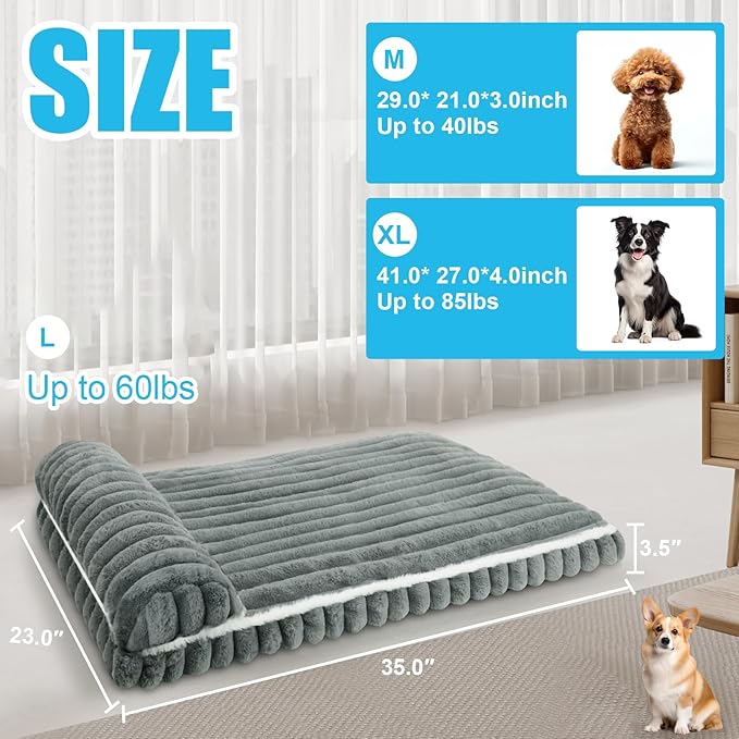 Comfort Dog Beds for Large Dogs,Dog Bed with Removable Washable Cover, Deluxe Plush Dogs Beds for Crate with Pillow, Anti-Slip Pet Mat Mattress for Kennel with Durable Zipper(Grey,L)