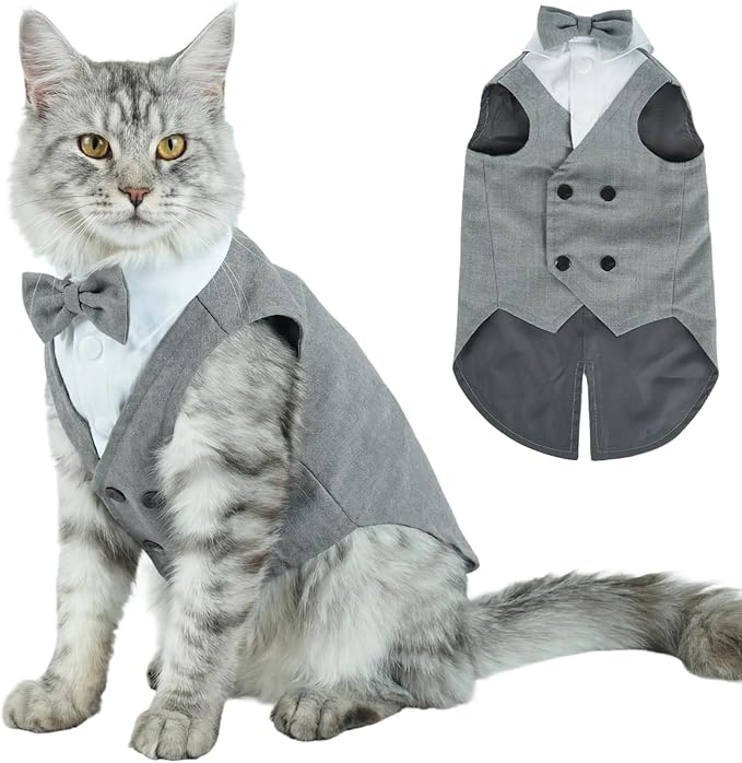 QBLEEV Cat Tuxedo Outfit, Sphynx Cat Costume for Cats Only, Formal Kitten Clothes Attire Suit with Bow Tie, Stylish Birthday Wedding Party Photo Shoots Costume for Male Female Cats, L, Grey