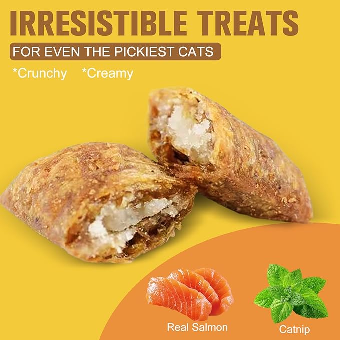 Natural Crunchy & Soft Cat Treats for Indoor Cats - Catnip & Salmon Flavor, Cat Snacks with Real Salmon, Dental Care & Digestive Support, Healthy Training Treats for Cats & Kittens