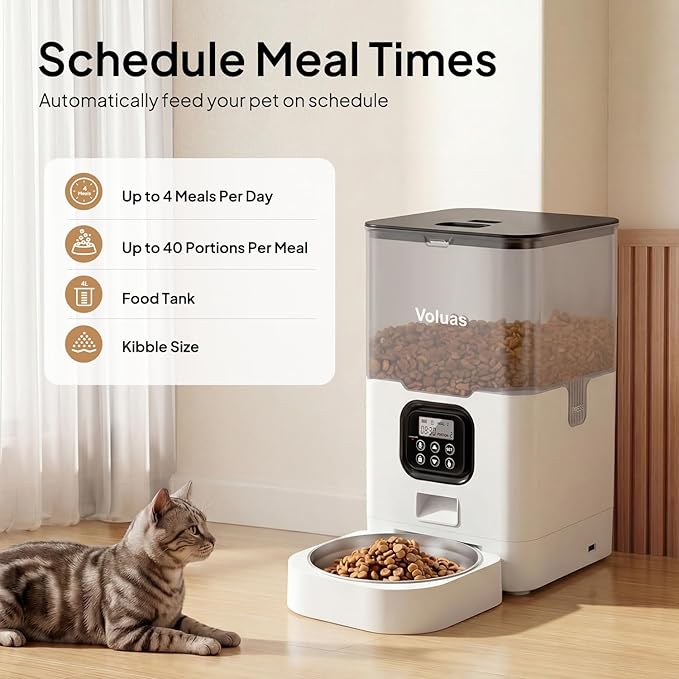 VOLUAS Automatic Cat Feeders - Pet Food Dispenser for Dry Food, Timed Cat Feeder with Desiccant Bag, Programmable Portion Size Control 4 Meals Per Day, 10s Voice Recorder
