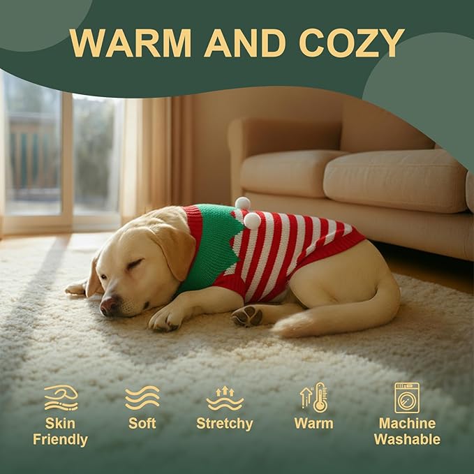 Dog Sweater Knitted for Small to Large Dogs Boy Girl, Classic Turtleneck Dog Christmas Sweaters, Warm & Soft Pet Clothes for Winter (Santa Stripe, 2XL)