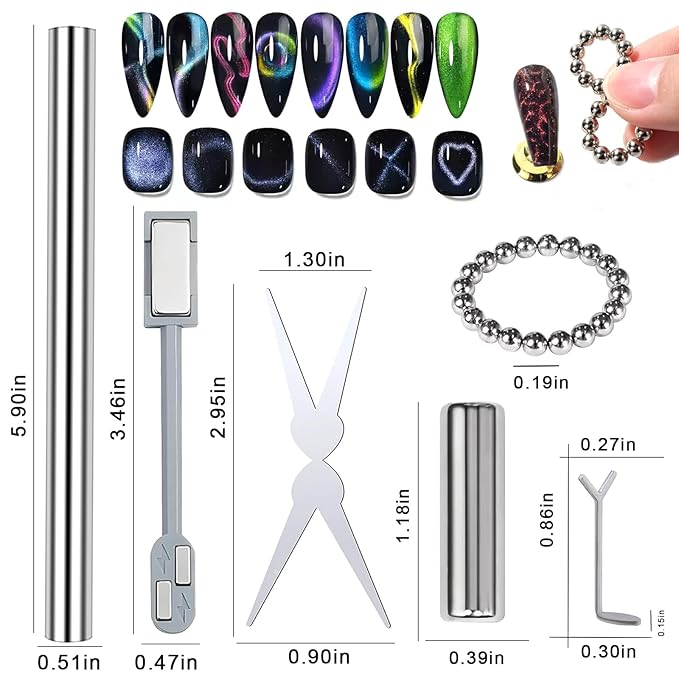 27pcs Cat Eye Nail Tools – Double-Ended Strong Nail Magnet, Magnetic Beads, Cylindrical Magnets, Scissor & Y-Shaped Plates for French Heart Cat Eye Effect