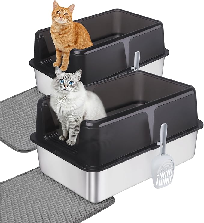 2 Pack Stainless Steel Cat Litter Box with Lid - XL Extra Large Enclosed Metal Litter Pan for Big Cats, High Sided Non-Stick Odor Resistant Anti-Urine Leakage, Easy Clean with Scoop & Mat, Black