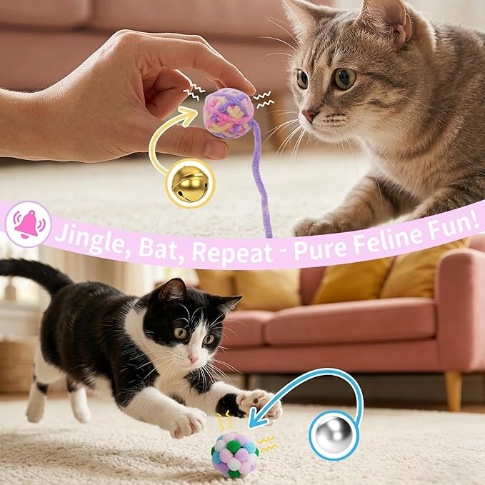 5Pcs Cats Toys Set, Interactive Kitten Toy for Indoor Kitty with Fuzzy Bell Balls Crinkle Catnip-Filled Toys Ball of Yarn Mice for Boredom Relief & Exercise - Mixed Color
