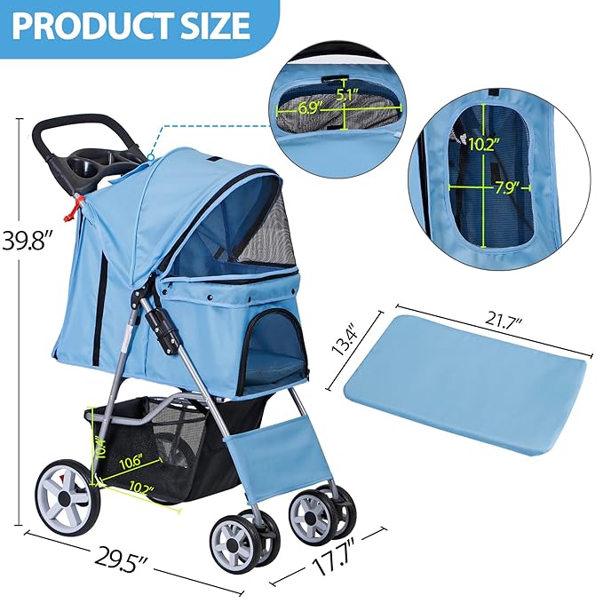 4 Wheels Foldable Pet Dog Cat Jogger Stroller Travel Carrier Strolling Cart w/Waterproof Cover Storage Basket Cup Holder & Removable Liner for Medium Small Cat Dog, Blue