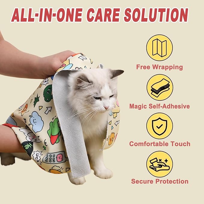 Large Cat Grooming Wrap – Soft Blanket with Magic Straps for Nail Trimming, Bath & Calm Restraint
