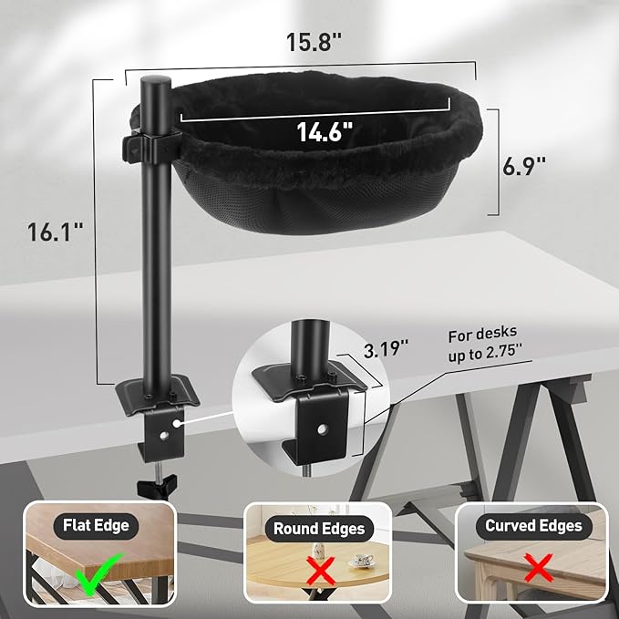 Cat Desk Bed, Heavy Duty Steel Clamp-On Various Desktops, Machine Washable Reversible Cat Beds for Large & Kitten, 360° Rotating Height Adjustable, Indoor Cats Nest Furniture Supports 45lbs, Black