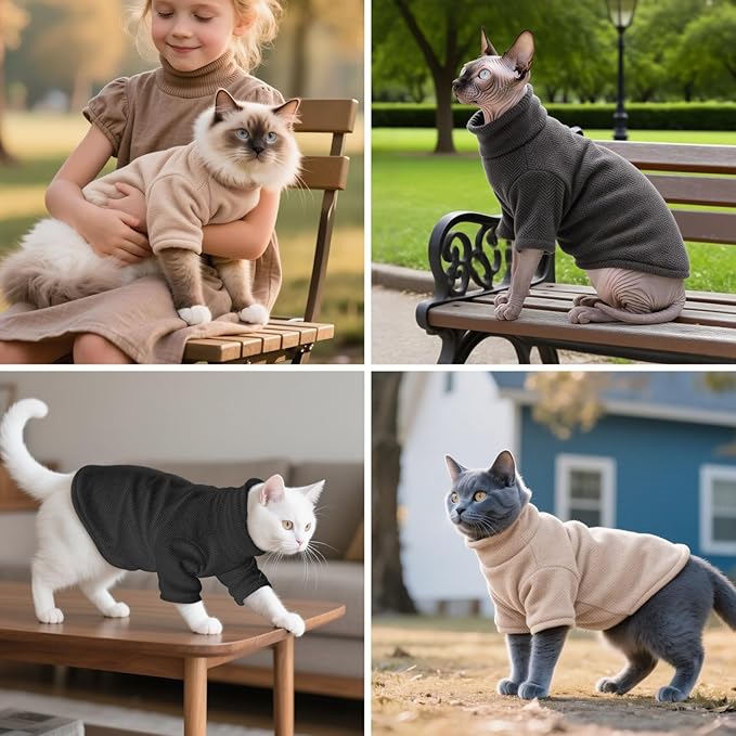 Idepet Sphynx Cat Warm Turtleneck Sweater Hairless Cats Shirt Pullover Kitten T-Shirts Thick Soft Fleece Clothes Cute Outfit Coat Pajamas for Cats and Puppy (Dark Gray, XX-Large)