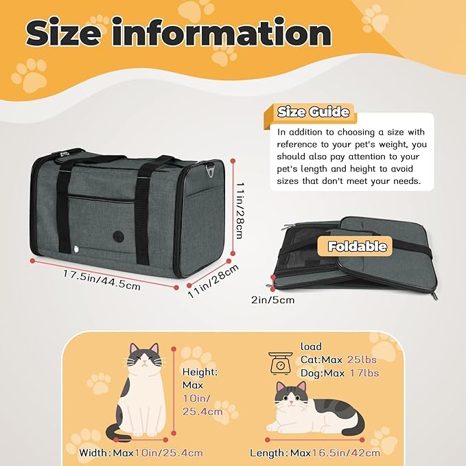 YUDODO 25lbs Cat Carrier Lightproof Soft Sided Pet Carrier for Large Cat & Small Dog Airline Approved Travel Puppy Carriers with Side Pockets & Reflective Mesh Foldable Portable for Outdoor Grey Green