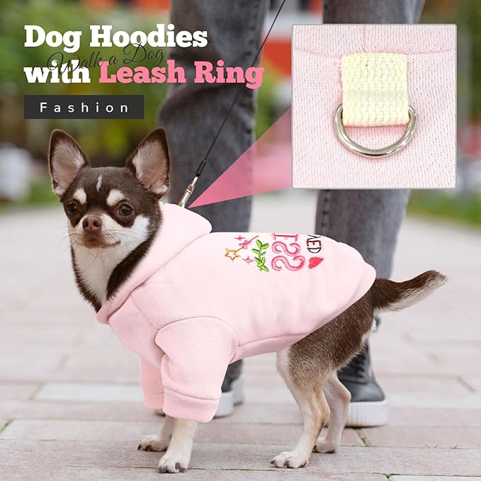 ABRRLO Small Dog Hoodie Clothes Cute Pink Princess Fleece Dog Sweater for Small Dogs Cats Girl Warm Puppy Sweatshirt with Leash D Ring Fall Winter XS Pet Outfits Chihuahua Yorkie Shihtzu(Pink,M)