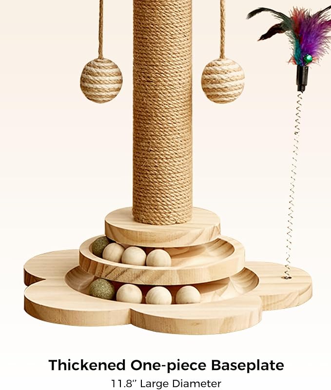 Cat Scratching Post for Kittens, 4 in 1 Wooden Cat Scratcher Toy, 17.7" Tall Scratch Post with 2 Level Cat Track Balls, Interactive Feather Toy and 2 Sisal Hanging Balls for Indoor Kittens