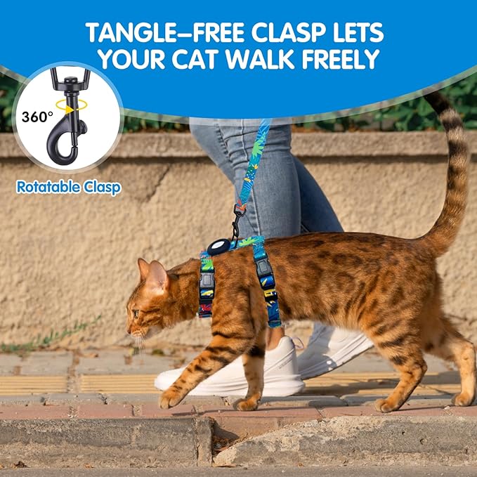 BINGPET Cat Harness with Airtag Holder, Cat Harness and Leash Set Escape Proof for Walking Travel Outdoor, Soft Adjustable Kitten Harnesses for Small Medium Large Cats, Green Leaves(Chest:12.5"-18")