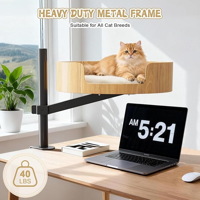 Spacocld Cat Desk Bed – Cat Bed for Indoor Cats with Adjustable Height&360° Rotation, Elevated Desk Cats Beds for Table, Desktop Cat's Hammock for Small Space, Wooden Cat's Bed Desktop Kitten