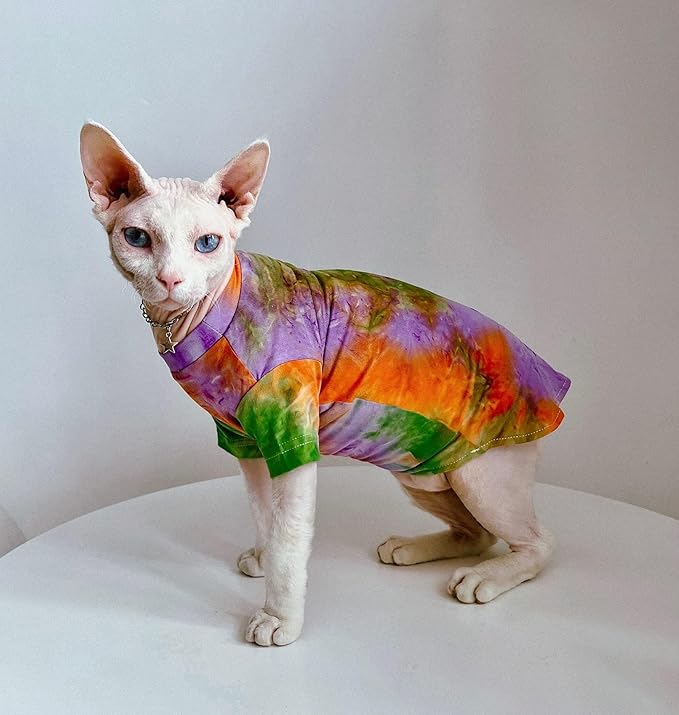 QBLEEV Sphynx Cat Clothes, Hairless Cats Rainbow Rendering T-Shirt for Spring Summer Autumn, Breathable Cat Wear Clothes Vest Shirts for Sphynx, Cornish Rex, Devon Rex, Peterbald