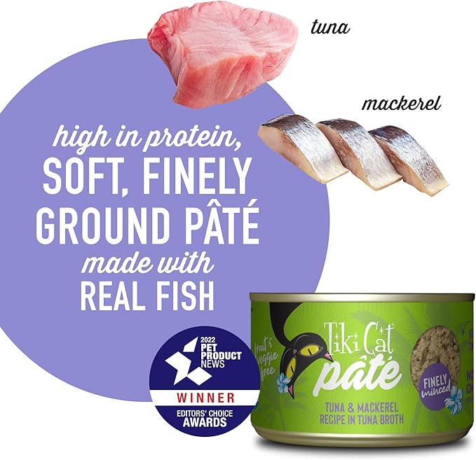 Tiki Cat Luau Pate, Ahi Tuna & Mackerel Recipe in Tuna Consumme, Grain-Free Balanced Nutrition Wet Canned Cat Food, for All Life Stages, 5.5 oz. Can (8 Count)