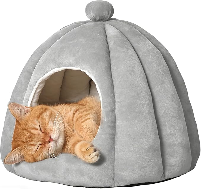 Cat Bed for Indoor Cats - Adorable Cozy Pumpkin Cat Cave with Removable Cushion, Super Soft Pet House Tent for Kittens & Small Pets, Warm & Washable Non-Slip Design(S 15 inch, Light Gray)