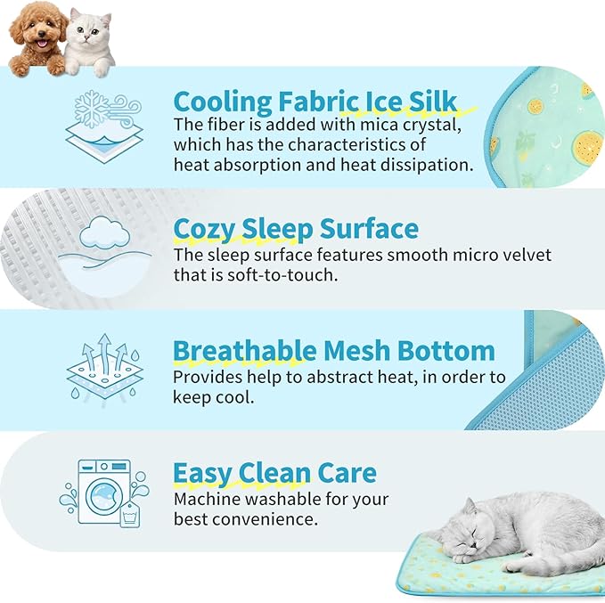 NWK Pack of 4 Pet Cooling Mat -Q-Max>0.345 Ice Silk Cooling Mat for Dogs & Cats Portable & Washable Pet Cooling Blanket, Car Seats, Beds for Summer (4pcs, Green Fruit, 27'' X 20'' X 0.3'')