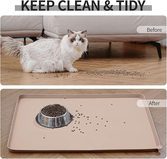 Reopet Waterproof Pet Feeding Mat, Non-Slip Silicone Placemats for Dog Cat Food and Water Bowl, High Raised Edges to Prevent Spills and Protect Floors