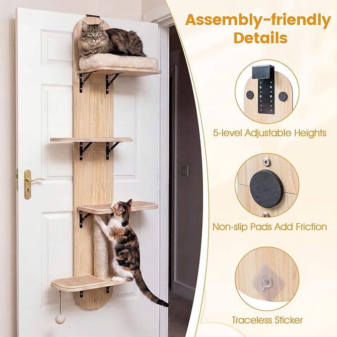 PETSITE Door Mounted Cat Tree, 58.5-61.5 Inches Height Adjustable Hanging Cat Climber with Scratching Post, Detachable Scratching Mats, and Comfy Plush Cat Bed (Natural)