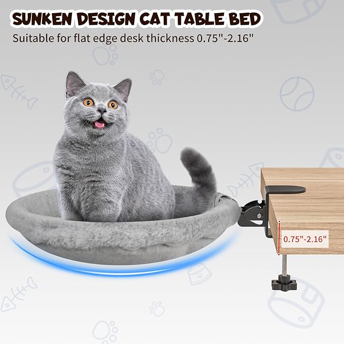 Cat Desk Bed, 90° Foldable Cat Hammock for Desk, Heavy Duty Cat Bed Desk Mount Up to 44lbs, Ergonomic Desk Mounted Cat Bed with Washable Soft Fabric, Space Saving Cat Perch for Home Office Desk